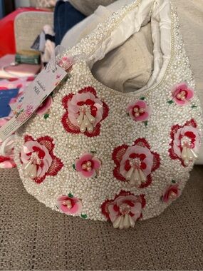 Beaded Floral Shoulder Bag - White with Pink & Red Accents